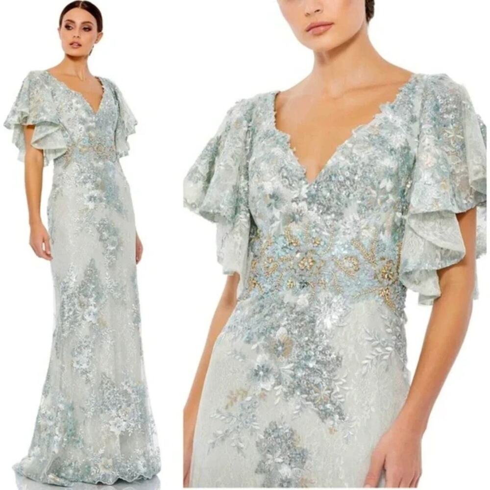 NWT MAC DUGGAL BELL SLEEVE‎ FLORAL EMBELLISHED GOWN SEAFOAM 67842